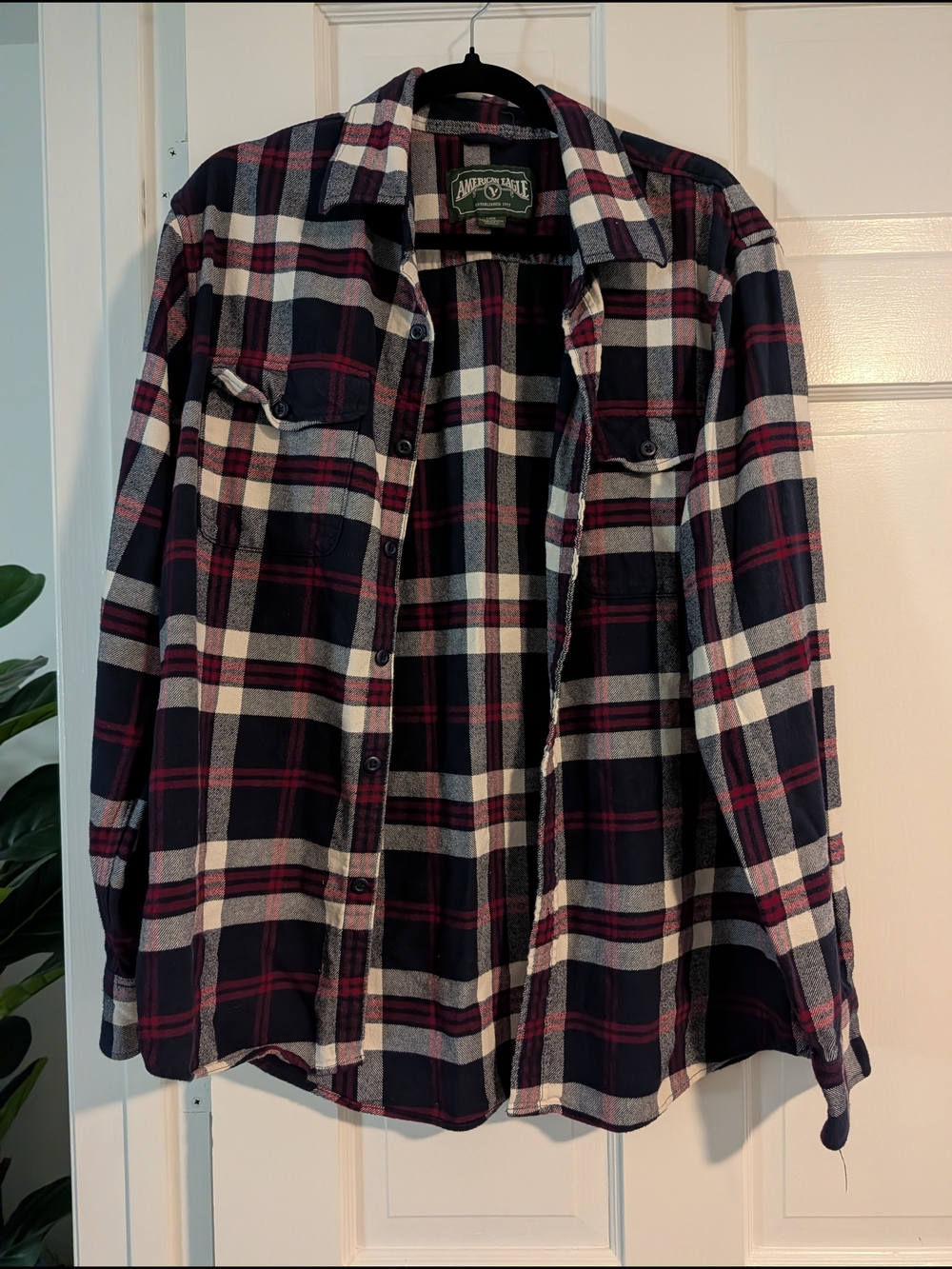 American Eagle Outfitters Navy, Burgundy and White Plaid Button-Down Shirt